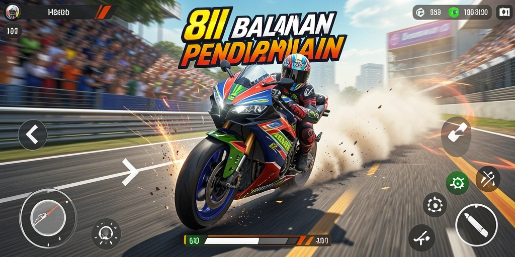 Screenshot gameplay 8II menampilkan aksi balapan motor yang mendebarkan.