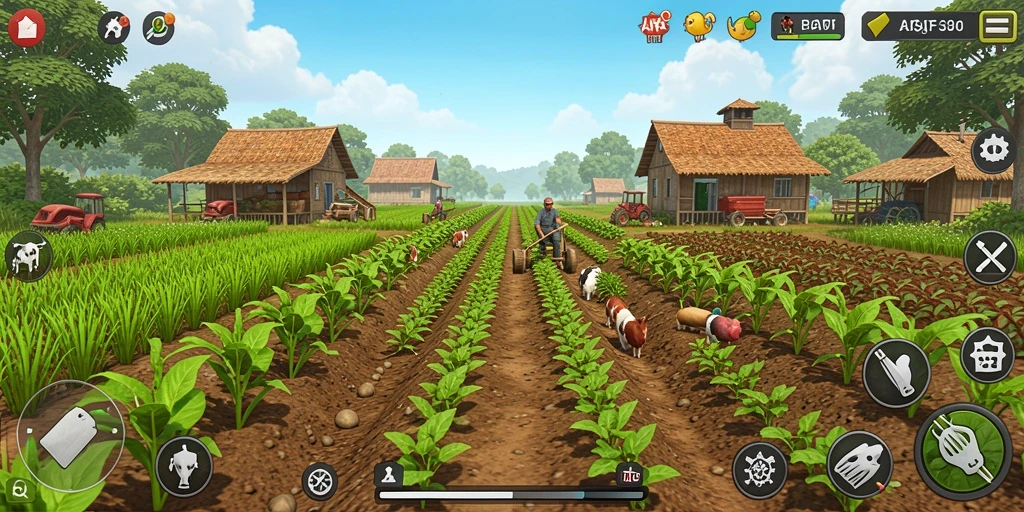 Tampilan gameplay AFAF dengan lahan pertanian yang subur.