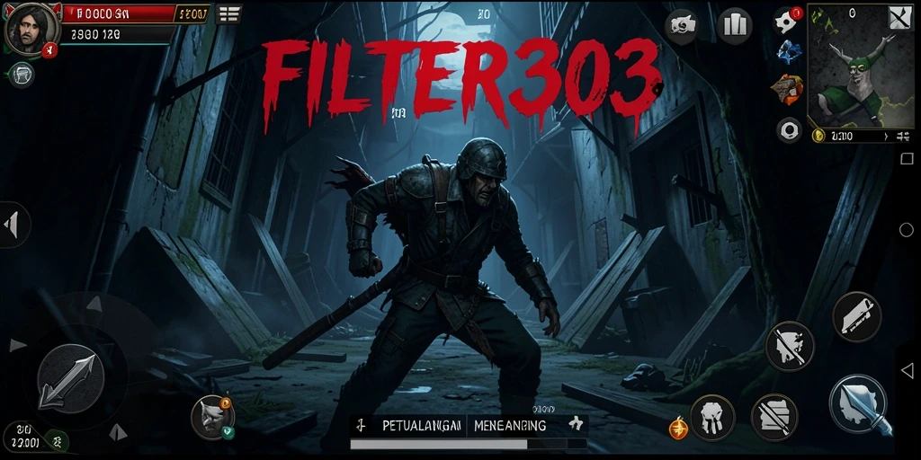 Tampilan gameplay <strong>FILTER303</strong> saat menjelajahi lokasi angker yang penuh kengerian.