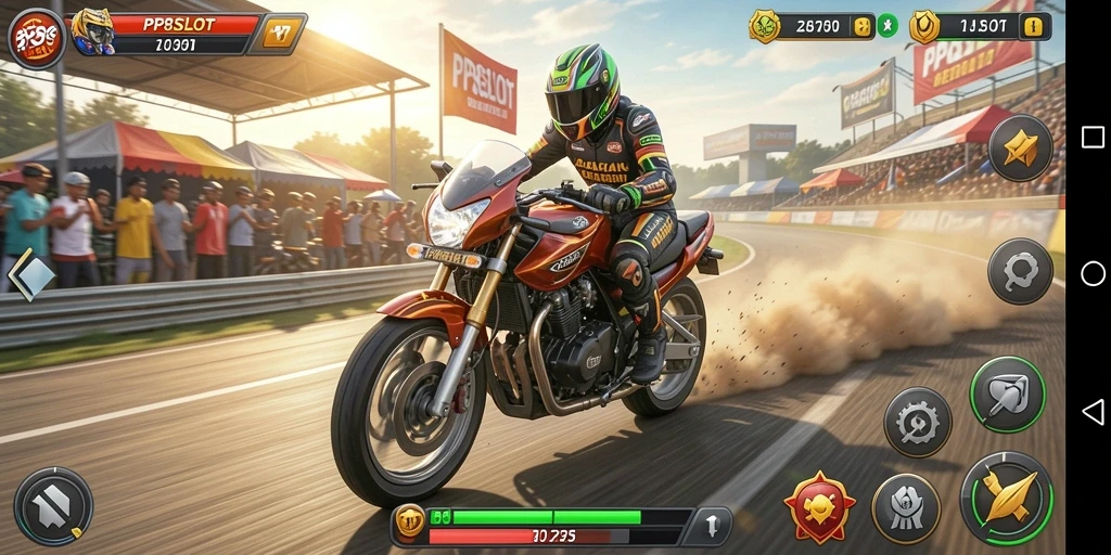 Screenshot gameplay PP8SLOT menampilkan balapan motor yang mendebarkan.